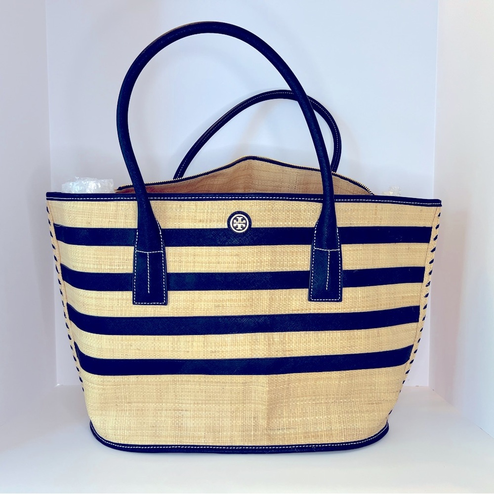 Tory Burch Leather Trimmed Straw Handle Tote Bag
